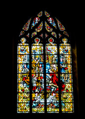 Saint-Malo, Brittany / France - 19 August 2019: detail view of stained glass windows in the cathedral of Saint Malo in Brittany in France