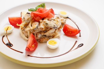 seafood salad with a eggs on a white background