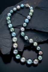 A single strand neclace of large muti colore Tahitian pearls drape over a black slate background.