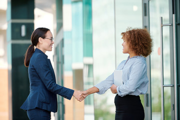 Two young successful female colleagues welcoming one another by handshake