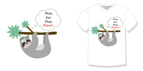 lazy sloth hanging on tree branch T-shirt design