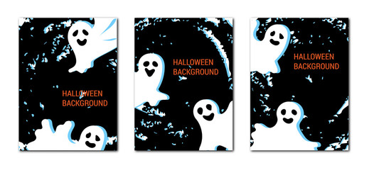 Set of Halloween banner designs with flying ghosts on black background. Collection for october events. Concept for greeting card, presentation, flyer, brochure, template. Vector illustration.