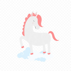 Cute unicorn closed eyes pink mane stand on clouds