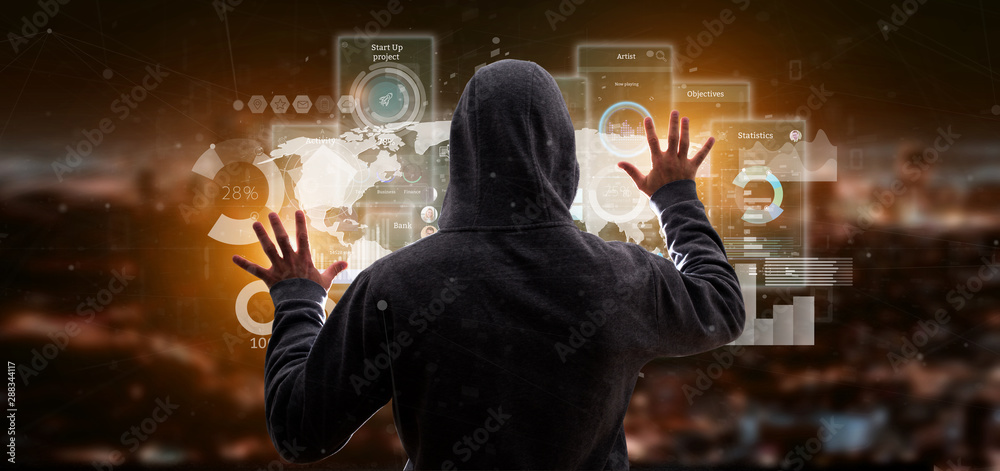 Poster hacker man holding user interface screens with icon, stats and data 3d rendering