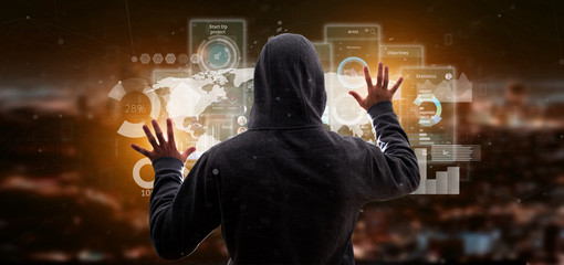 Hacker man holding User interface screens with icon, stats and data 3d rendering