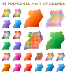Set of vector polygonal maps of Uganda. Bright gradient map of country in low poly style. Multicolored Uganda map in geometric style for your infographics.