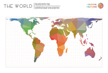 Vector map of the world. Cylindrical equal-area projection of the world. Colorful colored polygons. Beautiful vector illustration.