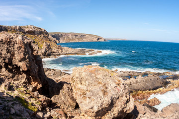 Fototapeta na wymiar Beautiful rocky coastline, blue ocean in South Australia, Kangaroo Island. Fisheye image.