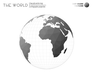 Polygonal map of the world. Orthographic projection of the world. Grey shades colored polygons. Trending vector illustration.