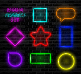 Realistic neon frame set Different shapes
