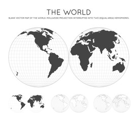 Map of the World. Mollweide projection interrupted into two equal-area hemispheres. Globe with latitude and longitude lines. World map on meridians and parallels background. Vector illustration.