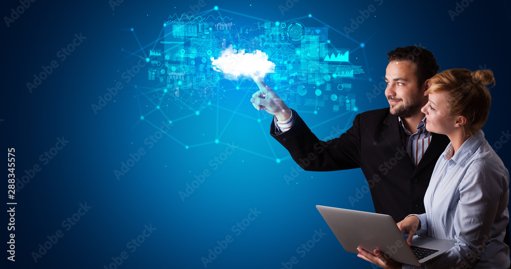Poster Man and woman touching hologram projection displaying information from cloud based system
