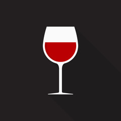 Wine glass icon with long shadow on gray background, flat design style
