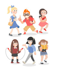 School girls and boy in flat style isolated vector illustration set
