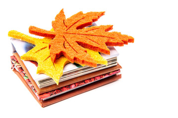 Two small paper books with yellow and orange autemn leaves isolated on white background. Education concept, close up