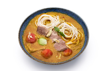 space noodle with green curry on isolated white background 