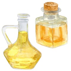 Glass bottle with yellow, gold oil. Isolated watercolor drawing