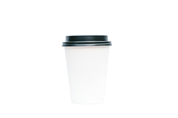 isolated coffee cup with a black lid, on a white background.