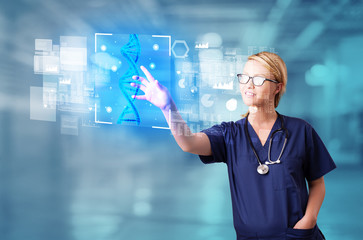 Doctor touching virtual screen with biology and genetic concept