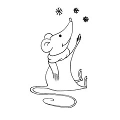 Funny Christmas mouse. Vector outline hand drawn illustration. Outline drawing, A separate element of the new year set. Isolated on white background.