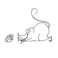 Funny Christmas mouse. Vector outline hand drawn illustration. Outline drawing, A separate element of the new year set. Isolated on white background.
