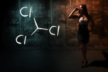 Sexy girl or secretary or female student presenting handdrawn chemical formula of trichloromethane cloroform