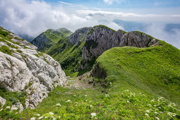 Fototapeta na wymiar The top of the Črna prst mountain in the lower Bohinj mountains in Julian Alps, Slovenia 