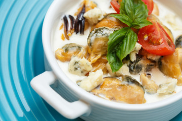 seafood cream soup on a white