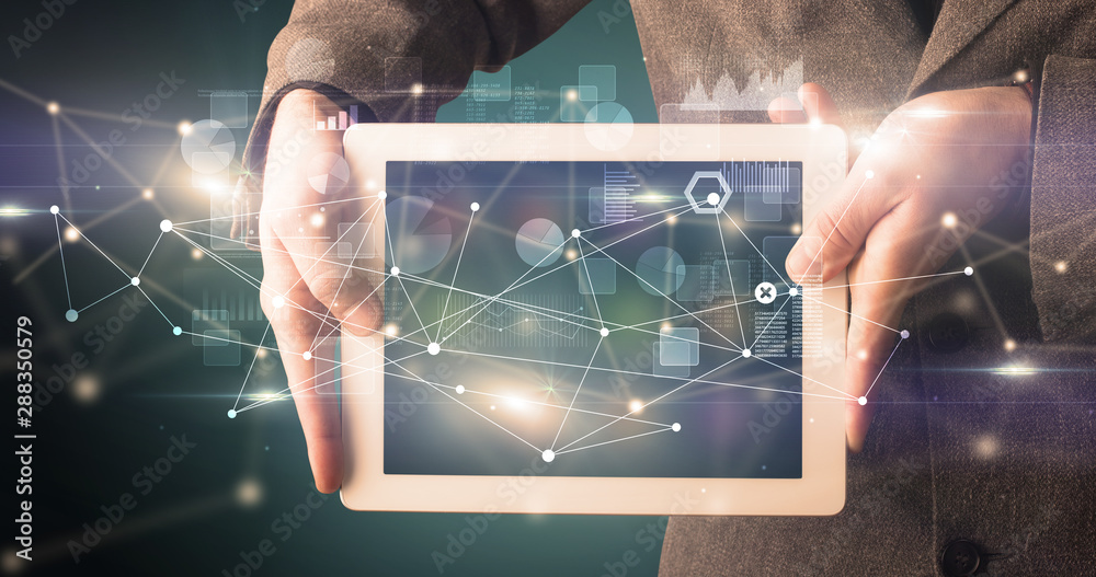 Poster Elegant hand holding tablet with virtual database and network concept