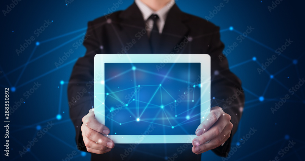 Poster formal hand in a dark space with virtual connection network concept