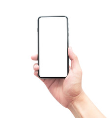 Male hand holding the black smartphone with blank screen isolated on white background with clipping path.