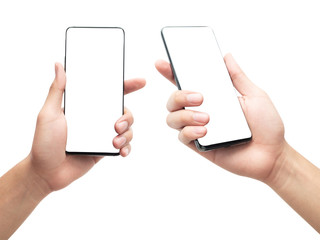 Obraz na płótnie Canvas Set of male hand holding the black smartphone with blank screen isolated on white background with clipping path.