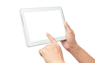 Male hand holding the white tablet pc computer and touching with blank screen isolated on white...