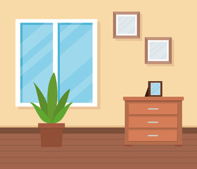 home livingroom with window and pictures with plant