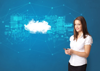 Young smiling person presenting cloud technology concept