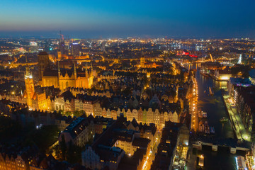 A view of the night city of Gdansk from a bird's flight,