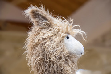Cute fuzzy toy llama head against light brown background - cropped © Susan Vineyard 