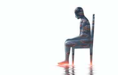 Cloudy man body sitting on a chair, emotion concept, hope, loneliness, depression, inside, feeling, mental health, surreal painting, fantasy art,