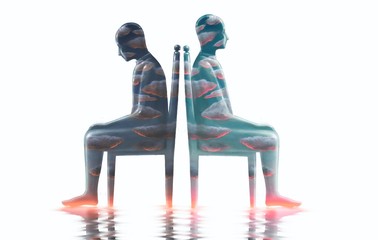 Two cloudy man sitting on a chair surreal illustration, bipolar disorder, sadness, mental health, loneliness, emotional, inside, depression ,fantasy art