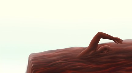 Suvival man swimming in waterfall, emotion, sadness, depression, danger, hope, loneliness concept, surreal painting, fantasy illustration