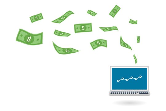 Dollar bills flying out laptop computer screen to show the success of making money online, vector illustration