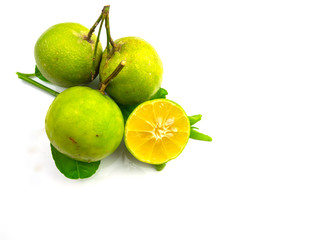 Various lemon fruits and leaves, isolated on a white background.