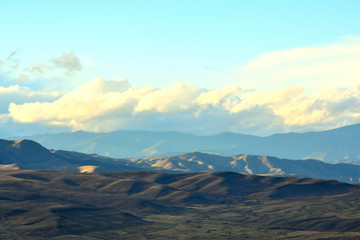 Naklejka na ściany i meble Panorama Travel Nature Blue Sky Mountains Tourism Snow Peak Steppe Hills, Sand Valley Desert Sayan Siberia