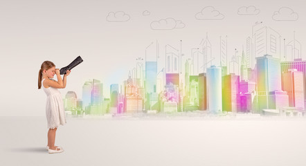 Cute little girl looking through spyglass to a big city