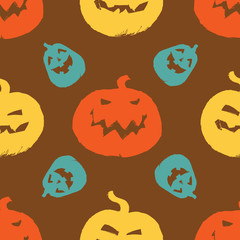 Vector brown halloween colourful pumpkins sillouettes repeat pattern. Suitable for invitation card, halloween party poster or gift wrap.