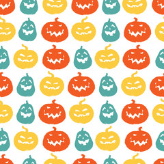 Vector white halloween colourful pumpkins sillouettes repeat pattern. Suitable for invitation card, halloween party poster or gift wrap.