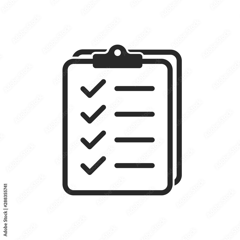 Poster icon clipboard checklist or document with checkmark with text in flat style.