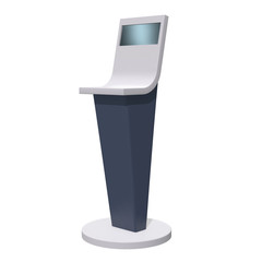 LCD Screen Stand. Trade Show Booth. 3d render of tv info kiosk isolated on white background. High Resolution. Ad template for your expo design.