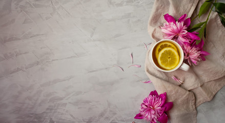 Background of lemon tea with pink flowers