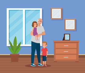 cute grandfather with his granddaughter and grandson kids